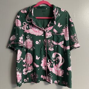 Women’s Wicked Pajama Top Button Down Katie Kime XL Front Pocket Green Pink